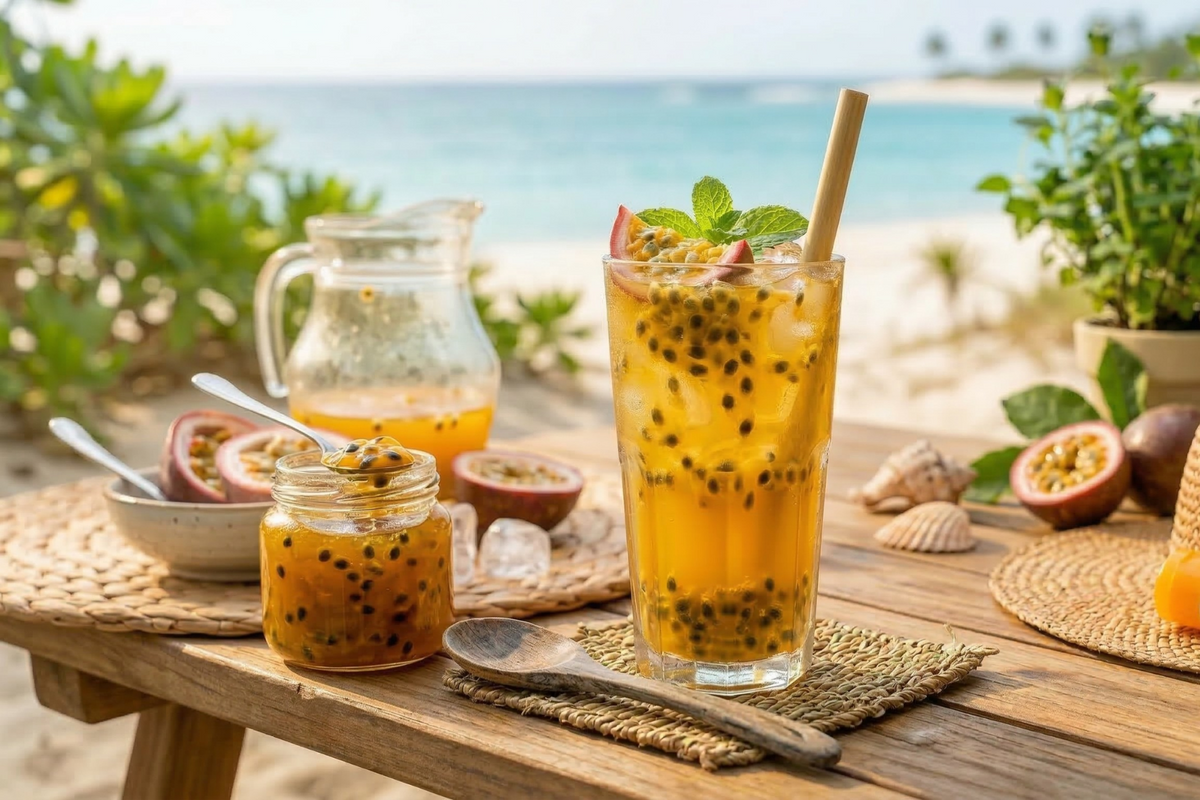 Passion fruit jam being swirled into a clear fruit tea, highlighting the vibrant color and real fruit pieces from Bubble Crush Supplier.