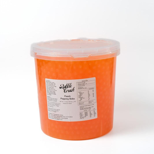 Premium Vegan Peach Popping Pearls, juicy topping for smoothies, desserts, and cocktails manufactured in Taiwan.