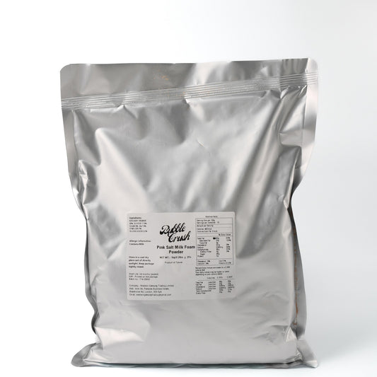 Finished iced black tea topped with a layer of luxurious Vegan Pink Salt Cheese Foam and a sprinkle of salt.