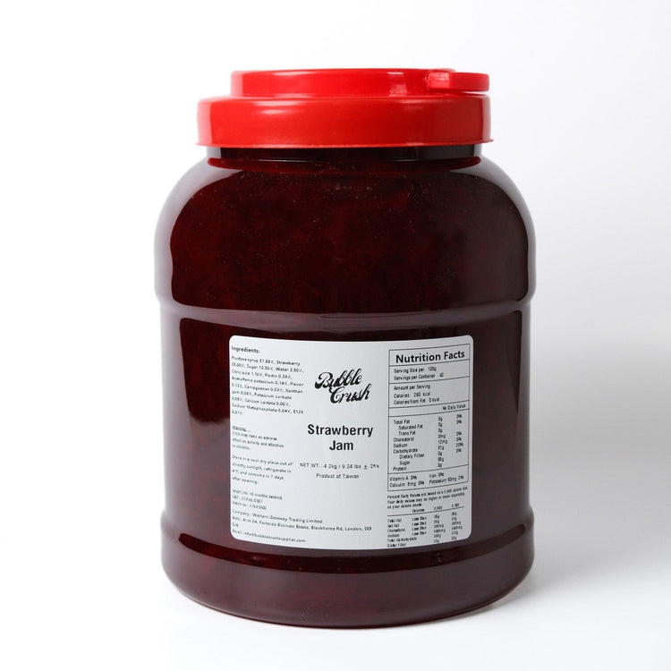 Bubble Crush Strawberry Jam 4.2kg bulk jar label showing ingredients, nutrition facts, and "Product of Taiwan".
