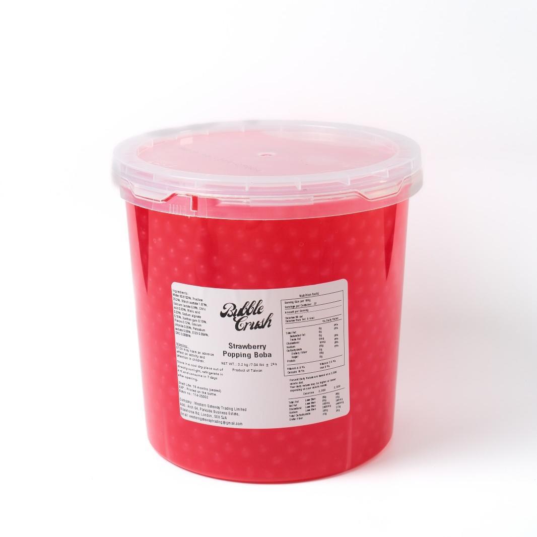 Premium Vegan Strawberry Popping Pearls, juicy topping for smoothies, desserts, and cocktails manufactured in Taiwan.