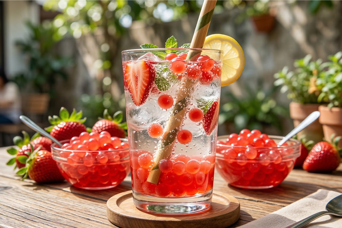 A refreshing glass of sparkling soda filled with bright red strawberry popping boba, served on a rustic wooden table with fresh strawberries and bowls of extra boba in the background.