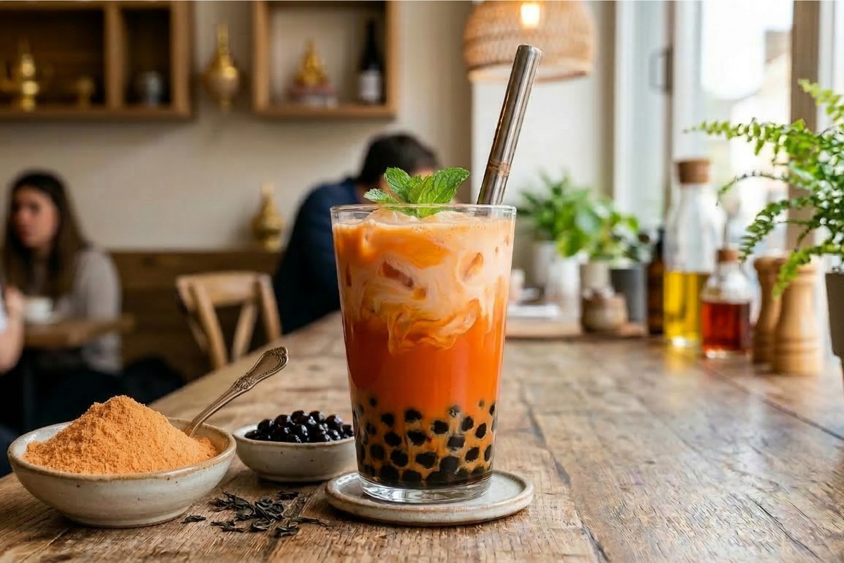 A tall glass of vibrant orange Thai milk tea with a creamy milk layer on top, served over ice with dark tapioca pearls at the bottom.