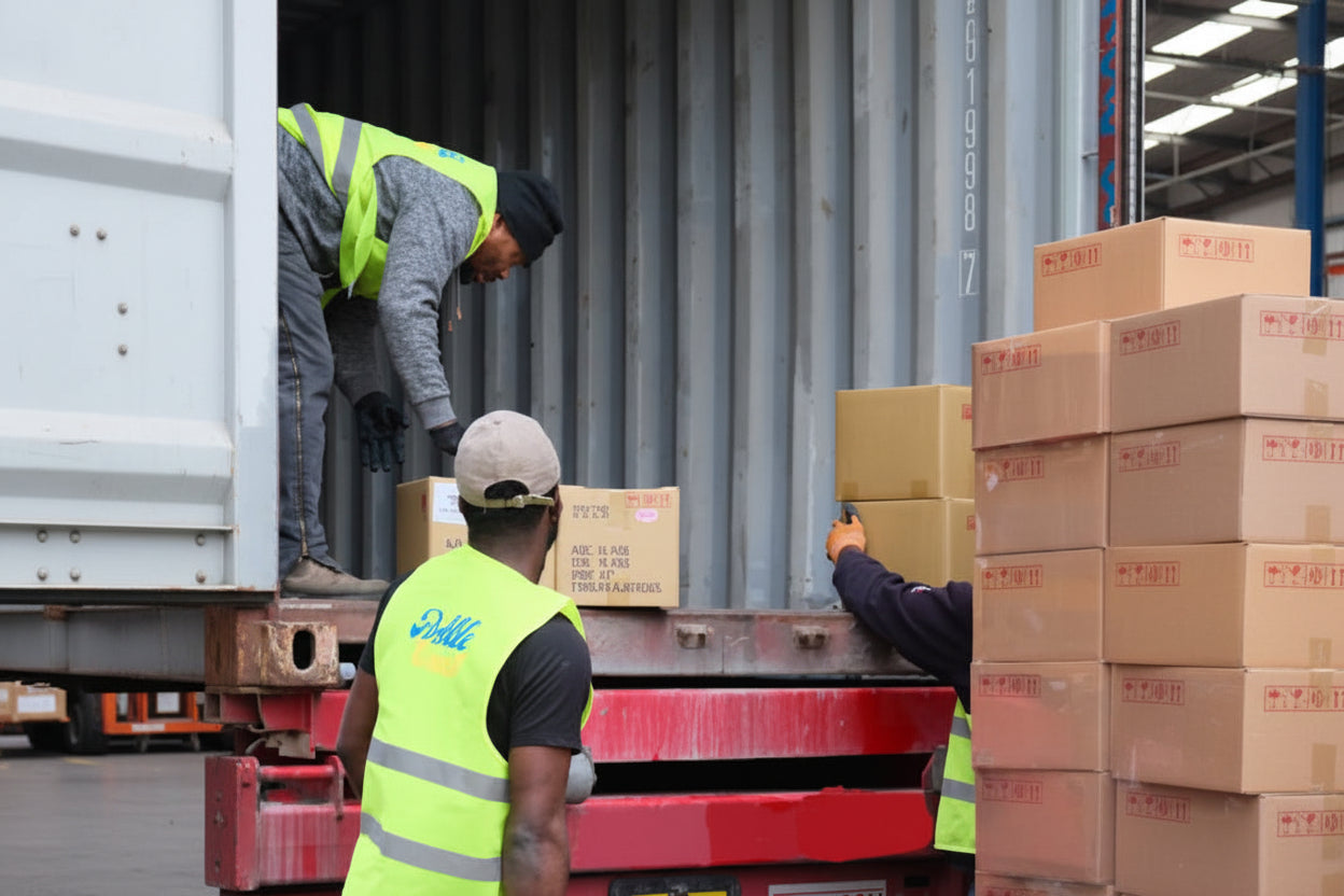 Workers handling stacked cardboard boxes with 'Bubble Crush' branding in a warehouse setting.