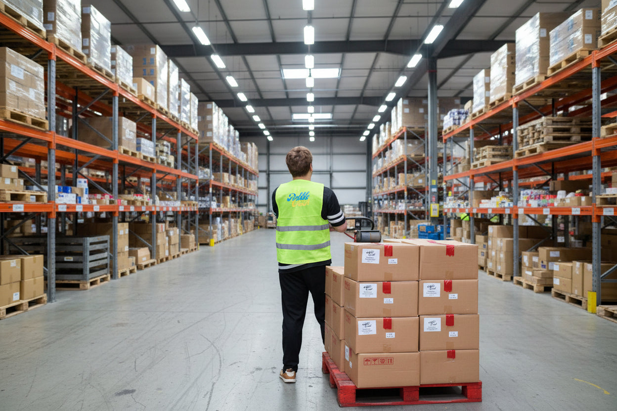 Person in a green safety vest in warehouse setting