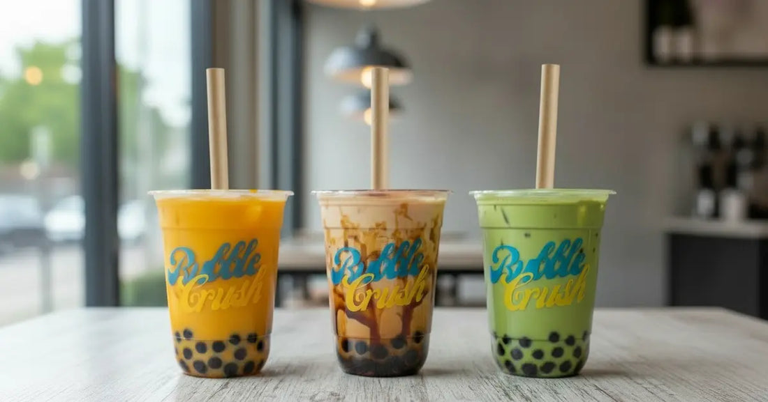 Three colorful bubble tea cups with Bubble Crush log and straws on a table, with a blurred background.
