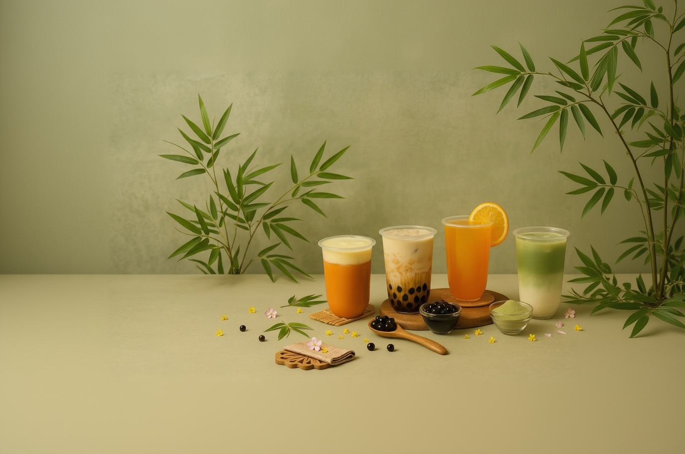 Four glasses of different beverages (matcha, brown sugar boba, mango & orange juices) with a green leafy background