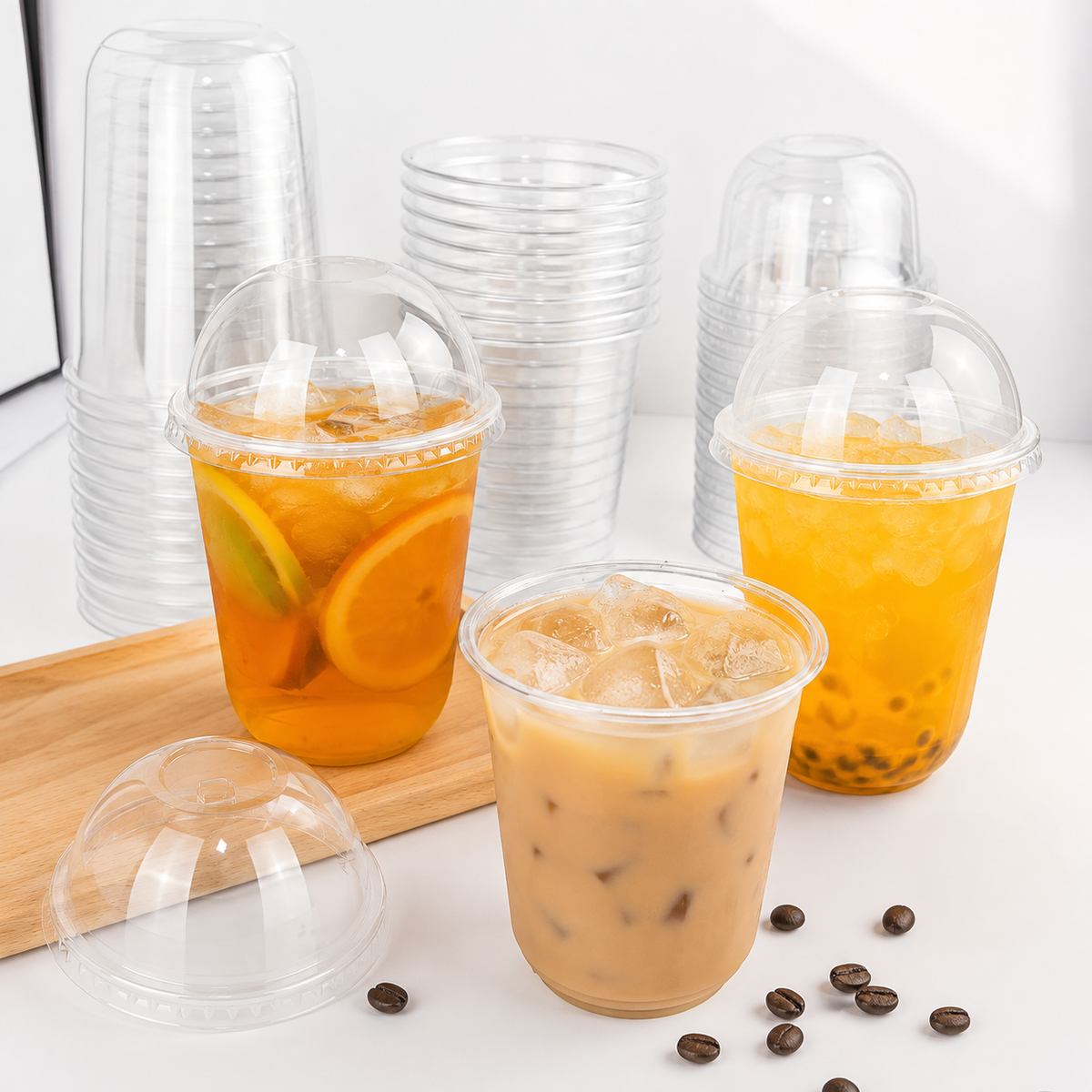 Plastic Smoothie Cups with Dome Lids Set of 100 | Strong Clear Disposable Cups
