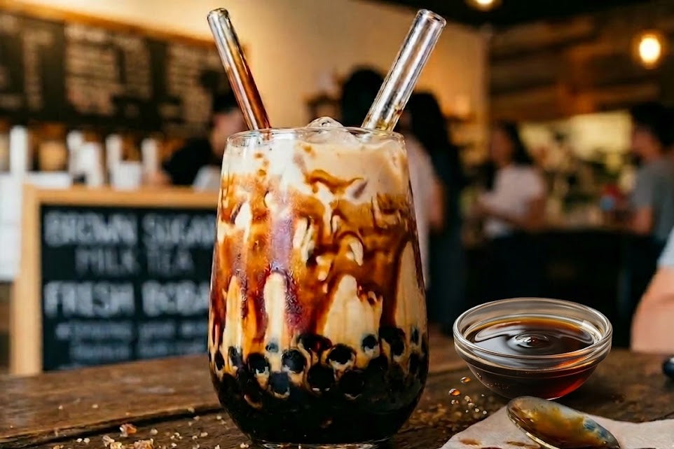 Glass of iced brown sugar syrupe with milk and tapioca pearls on a wooden table in a cafe.
