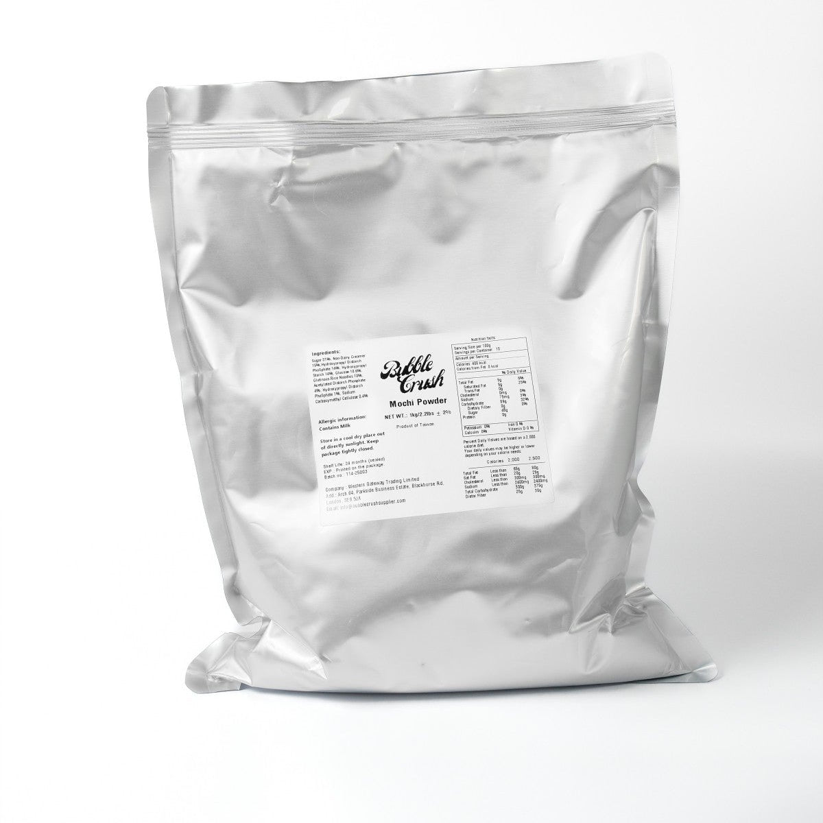 Bubble Crush Mochi Powder 1kg bag back label with detailed ingredients list, nutrition facts, allergen information, storage instructions, and company contact.