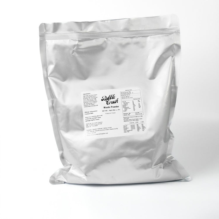 Bubble Crush Mochi Powder 1kg bag back label with detailed ingredients list, nutrition facts, allergen information, storage instructions, and company contact.