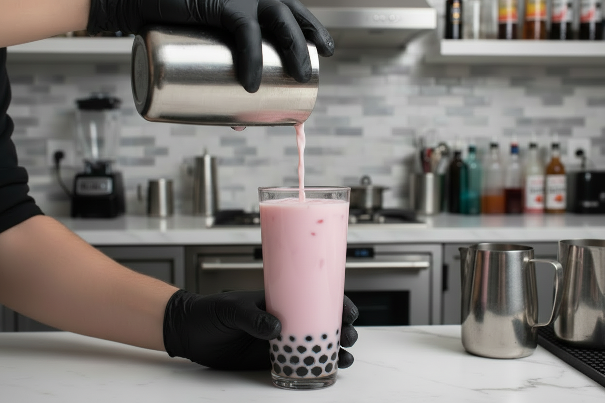 Barista pouring drink to prepare bubble tea