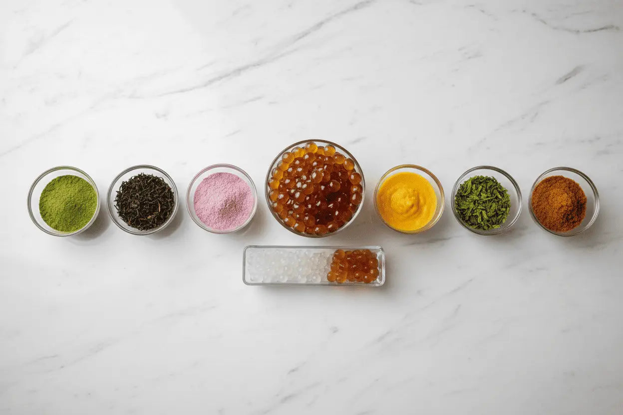 Glass bowls with different bubble tea ingredients such as matcha, strawberry, tapioca, egg pudding, chocolate...