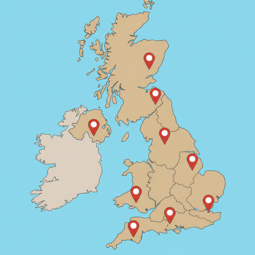 Map of the United Kingdom with red location markers on a light blue background