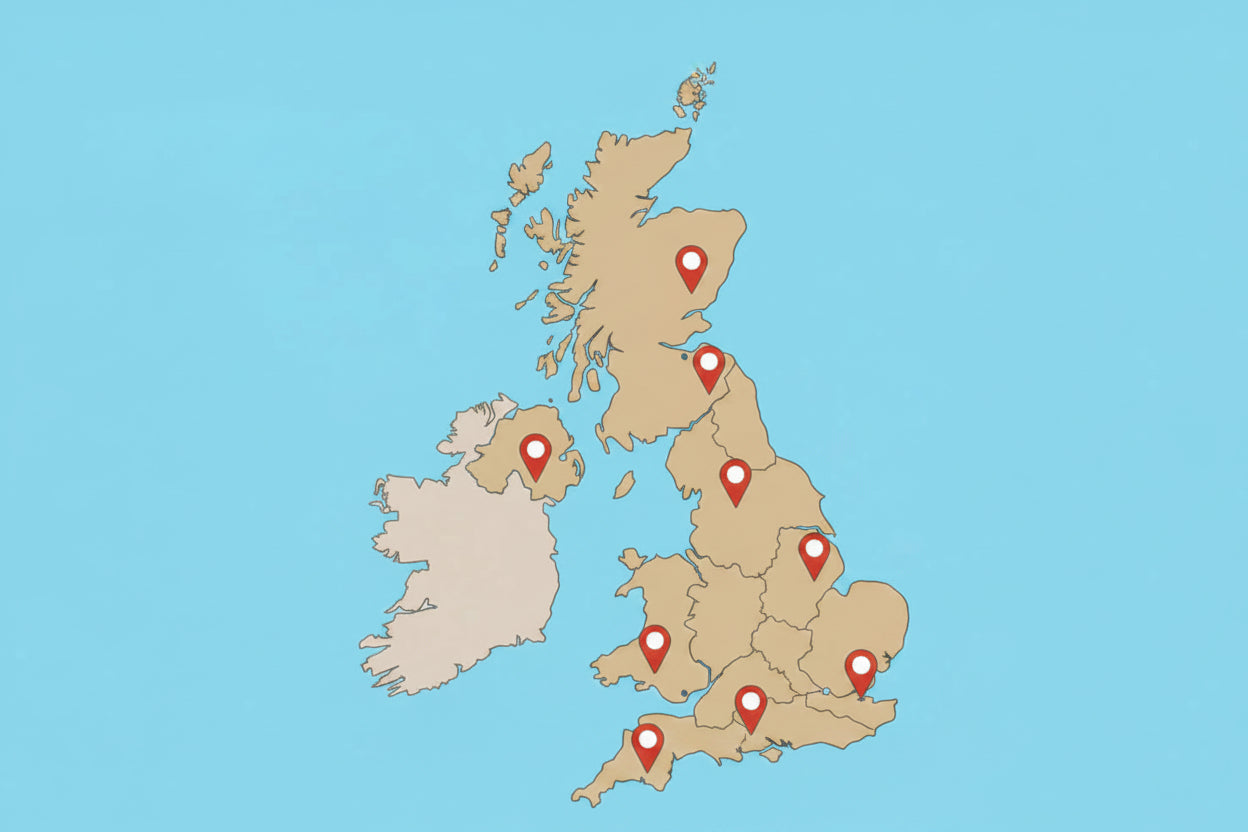 Map of the United Kingdom with red location markers of bubble tea shops and cafés on a blue background